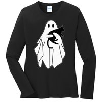 Spooky Halloween Spirit with a Playful Black Cat Ladies Long Sleeve Shirt