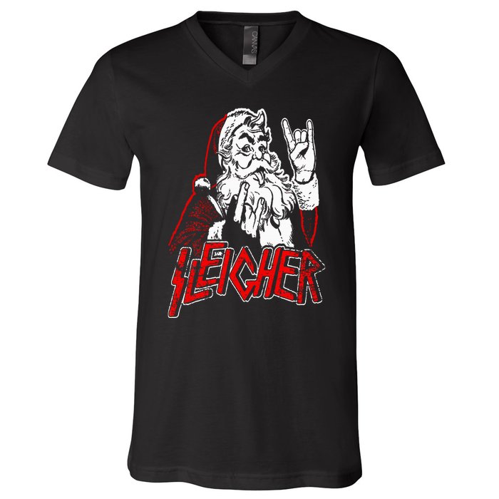 Sleigher Hail Santa Heavy Metal Christmas V-Neck T-Shirt