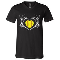 Softball Heart Skeleton Hand Halloween Costume V-Neck T-Shirt