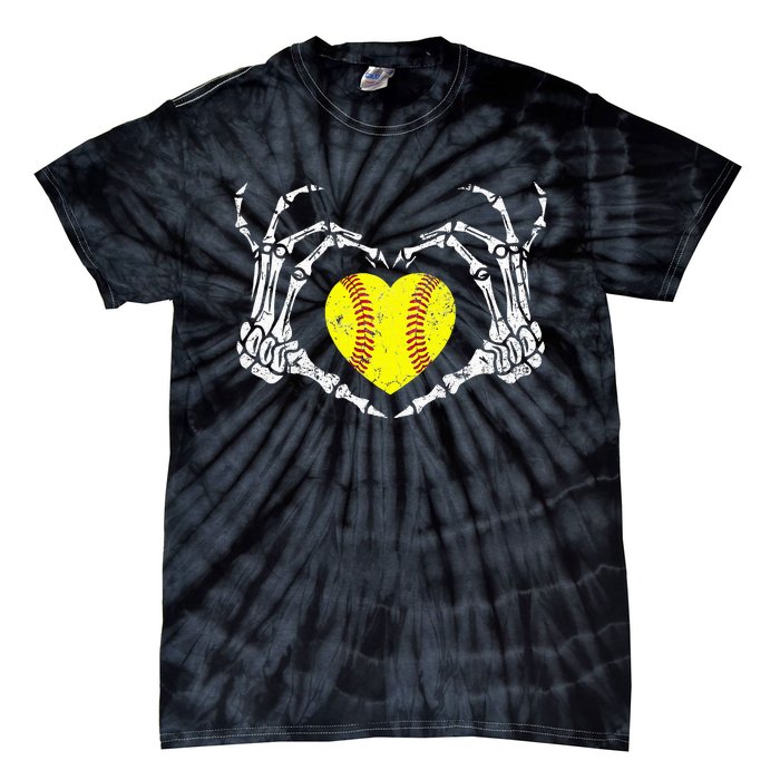 Softball Heart Skeleton Hand Halloween Costume Tie-Dye T-Shirt