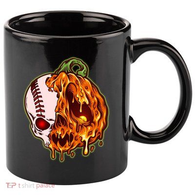 Spooky Halloween Skull Pumpkin Baseball 11oz C Handle Ceramic Mug