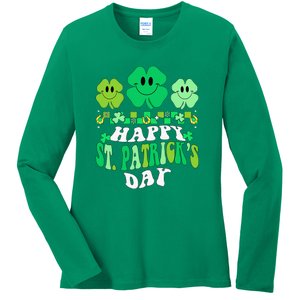 Shamrock Happy St Patricks Day Irish Retro Groovy Ladies Long Sleeve Shirt