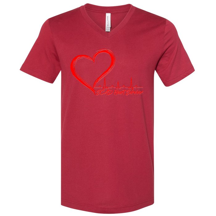 SCAD Heart Survivor Heartbeat Heart Health Awareness V-Neck T-Shirt