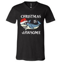 Santa Hat Shark Christmas Is Jawsome Xmas Lights V-Neck T-Shirt