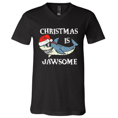 Santa Hat Shark Christmas Is Jawsome Xmas Lights V-Neck T-Shirt