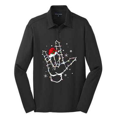 Santa Hat Sign Language Lights Christmas Silk Touch Performance Long Sleeve Polo