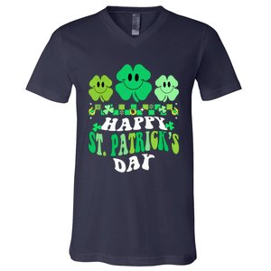 Shamrock Happy St Patricks Day Wo Irish Retro Groovy V-Neck T-Shirt