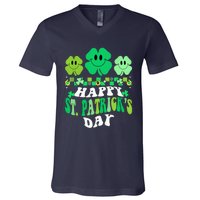 Shamrock Happy St Patricks Day Wo Irish Retro Groovy V-Neck T-Shirt