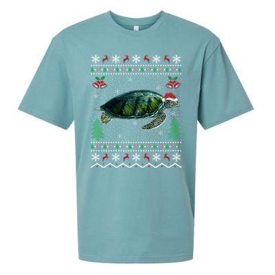 Santa Hat Sea Turtles Lover Xmas Gift Ugly Turtle Christmas Gift Sueded Cloud Jersey T-Shirt