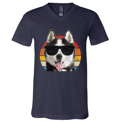 Siberian Husky Sunglasses Funny Vintage Husky Dog Lover V-Neck T-Shirt