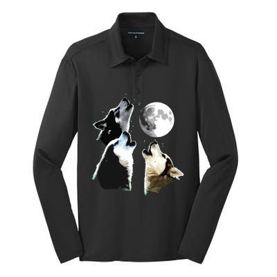 Siberian Husky Siberian Husky Howling At The Moon Silk Touch Performance Long Sleeve Polo