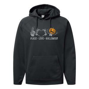 Spooky Halloween Skeleton Peace and Pumpkin Design Performance Fleece Hoodie