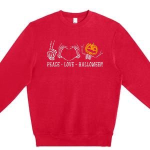 Spooky Halloween Skeleton Peace and Pumpkin Design Premium Crewneck Sweatshirt