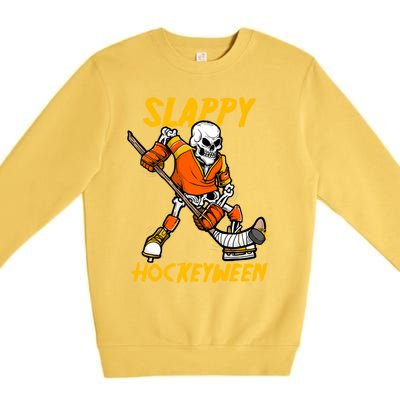 Slappy Hockeyween Skeleton Ice Hockey Player Halloween Cute Gift Premium Crewneck Sweatshirt