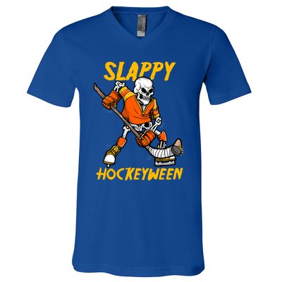 Slappy Hockeyween Skeleton Ice Hockey Player Halloween Cute Gift V-Neck T-Shirt