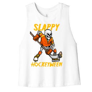 Slappy Hockeyween Skeleton Ice Hockey Player Halloween Cute Gift Women's Racerback Cropped Tank