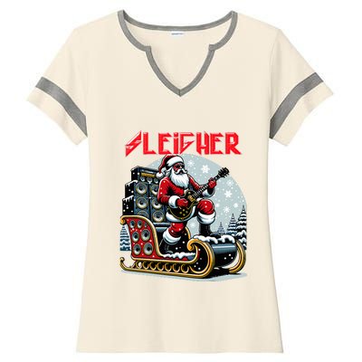 Sleigher Hail Santa Heavy Metal Christmas Rock Xmas Art Ladies Halftime Notch Neck Tee