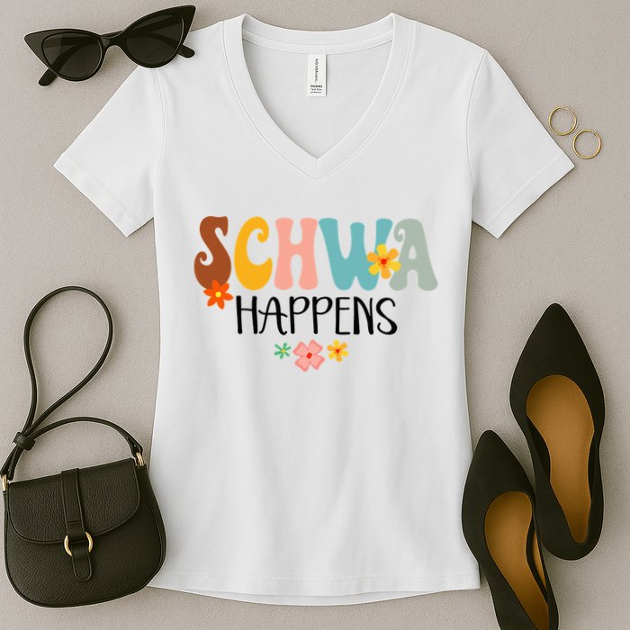 Schwa Happens Science Of Reading Teacher Intervention Groovy Women's V-Neck T-Shirt