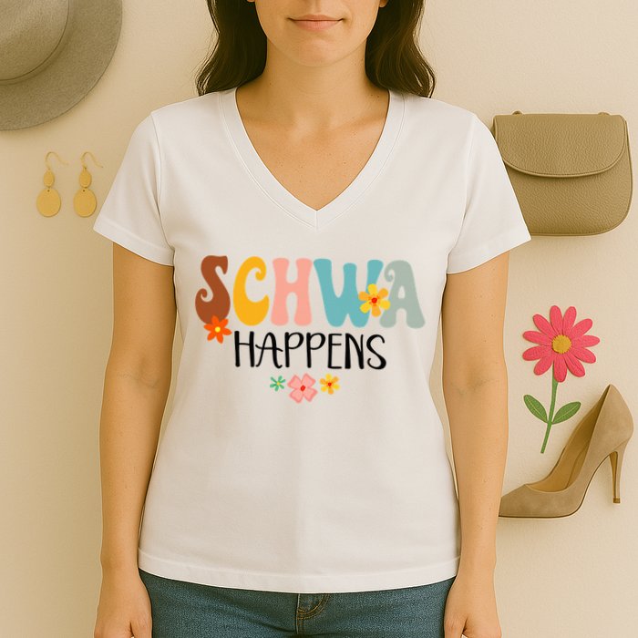 Schwa Happens Science Of Reading Teacher Intervention Groovy Women's V-Neck T-Shirt