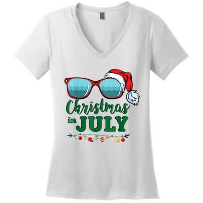 Santa Hat Sunglasses Summer Christmas In July Gift Women's V-Neck T-Shirt