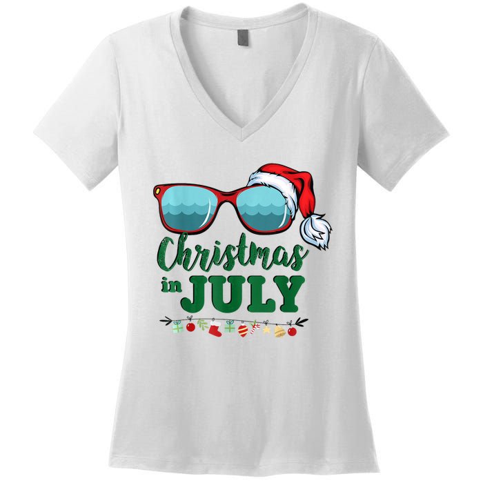 Santa Hat Sunglasses Summer Christmas In July Gift Women's V-Neck T-Shirt