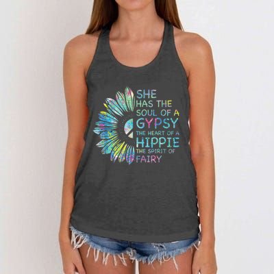 She has the soul of a gypsy the heart of a hippie and spirit Women's Knotted Racerback Tank