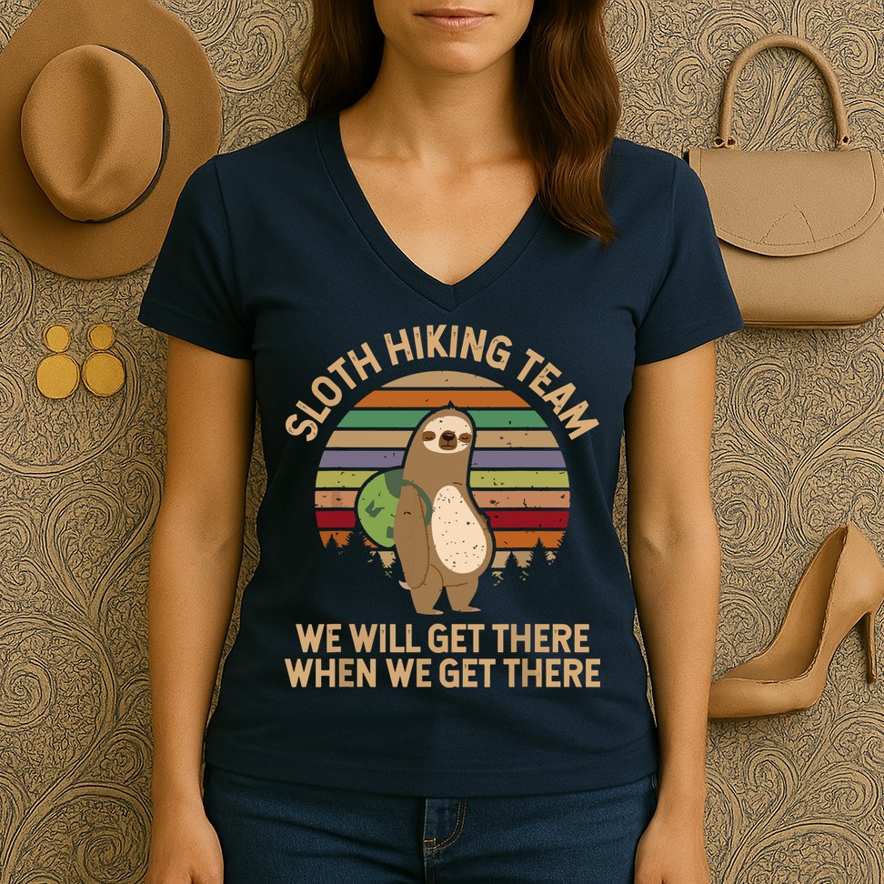 Sloth Hiking Team We Will Get There When We Get There Women's V-Neck T-Shirt