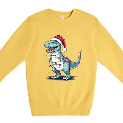 Santa Hat Trex Dinosaur Christmas Lights Trex Moms Dads Gift Premium Crewneck Sweatshirt