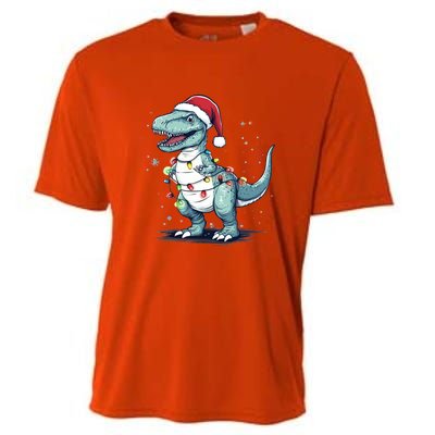 Santa Hat Trex Dinosaur Christmas Lights Trex Moms Dads Gift Cooling Performance Crew T-Shirt