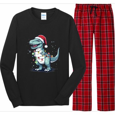 Santa Hat Trex Dinosaur Christmas Lights Trex Moms Dads Gift Long Sleeve Pajama Set