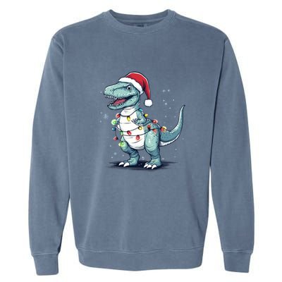 Santa Hat Trex Dinosaur Christmas Lights Trex Moms Dads Gift Garment-Dyed Sweatshirt