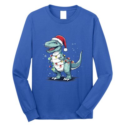 Santa Hat Trex Dinosaur Christmas Lights Trex Moms Dads Gift Long Sleeve Shirt