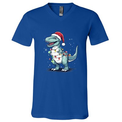 Santa Hat Trex Dinosaur Christmas Lights Trex Moms Dads Gift V-Neck T-Shirt