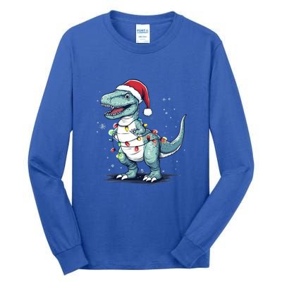 Santa Hat Trex Dinosaur Christmas Lights Trex Moms Dads Gift Tall Long Sleeve T-Shirt