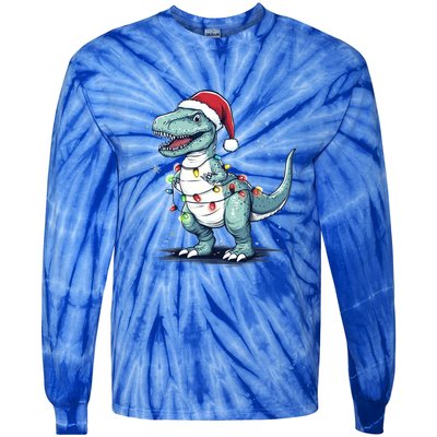 Santa Hat Trex Dinosaur Christmas Lights Trex Moms Dads Gift Tie-Dye Long Sleeve Shirt