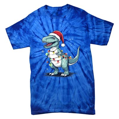 Santa Hat Trex Dinosaur Christmas Lights Trex Moms Dads Gift Tie-Dye T-Shirt