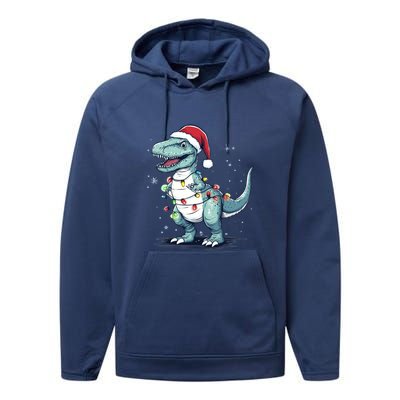 Santa Hat Trex Dinosaur Christmas Lights Trex Moms Dads Gift Performance Fleece Hoodie