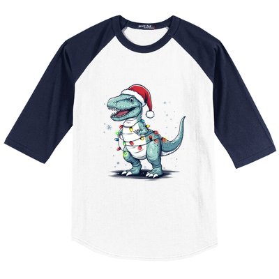 Santa Hat Trex Dinosaur Christmas Lights Trex Moms Dads Gift Baseball Sleeve Shirt