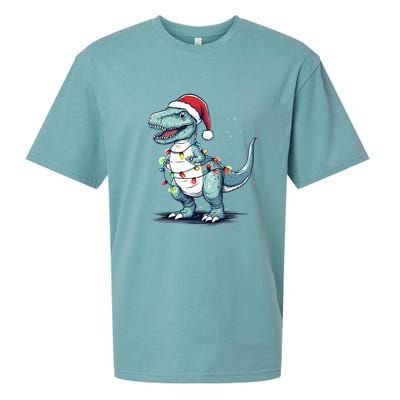 Santa Hat Trex Dinosaur Christmas Lights Trex Moms Dads Gift Sueded Cloud Jersey T-Shirt