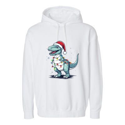 Santa Hat Trex Dinosaur Christmas Lights Trex Moms Dads Gift Garment-Dyed Fleece Hoodie