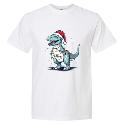 Santa Hat Trex Dinosaur Christmas Lights Trex Moms Dads Gift Garment-Dyed Heavyweight T-Shirt