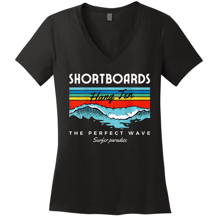 Shortboards Hang Ten The Perfect Wave Surfer Paradise Design Women's V-Neck T-Shirt