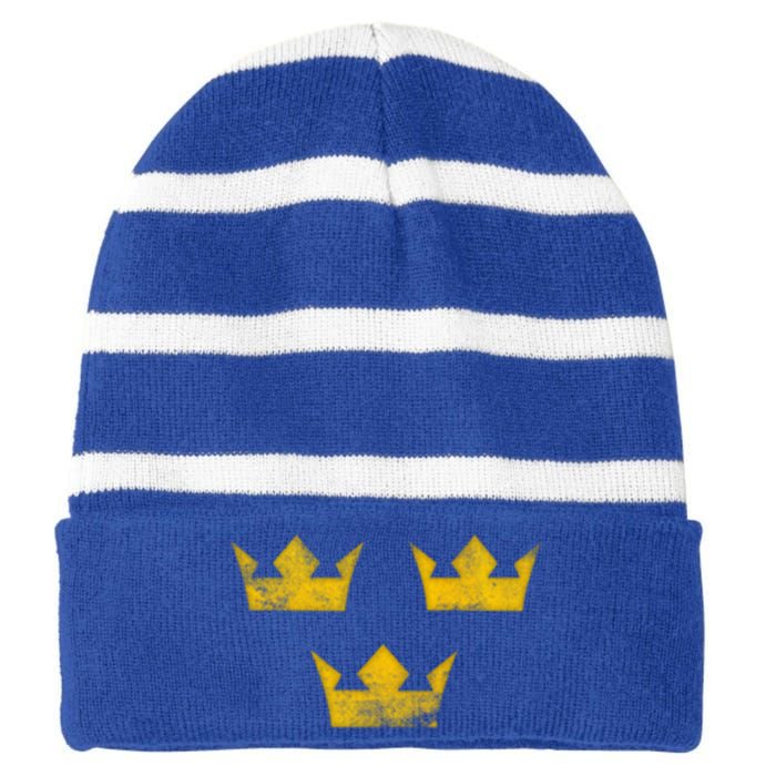 Sweden Heritage Tre Kronor Three Crowns Vintage Sverige Gift Striped Beanie with Solid Band