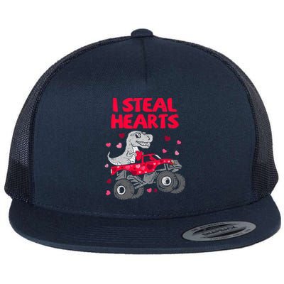 Steal Hearts T Rex Monster Truck Boy Valentines Day Flat Bill Trucker Hat