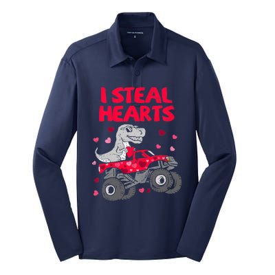 Steal Hearts T Rex Monster Truck Boy Valentines Day Silk Touch Performance Long Sleeve Polo