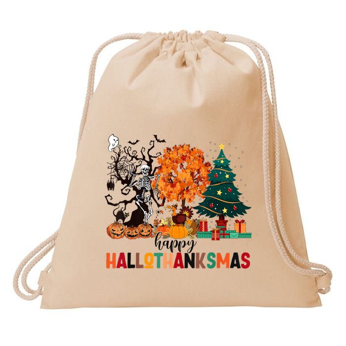 Skeleton Halloween Thanksgiving Xmas Happy Hallothanksmas Drawstring Bag