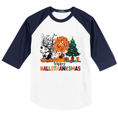 Skeleton Halloween Thanksgiving Xmas Happy Hallothanksmas Baseball Sleeve Shirt