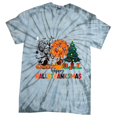 Skeleton Halloween Thanksgiving Xmas Happy Hallothanksmas Tie-Dye T-Shirt