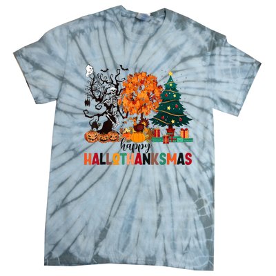 Skeleton Halloween Thanksgiving Xmas Happy Hallothanksmas Tie-Dye T-Shirt