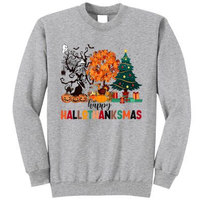 Skeleton Halloween Thanksgiving Xmas Happy Hallothanksmas Tall Sweatshirt